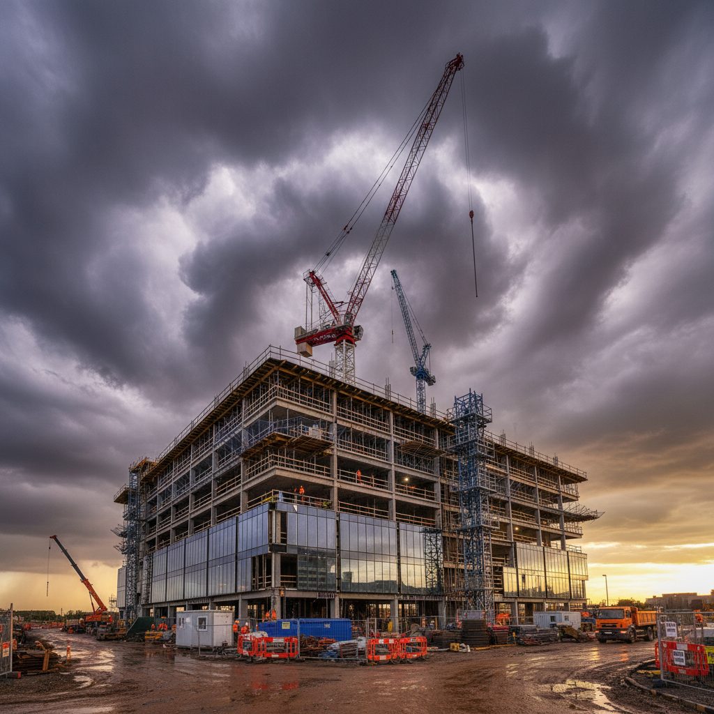 Modern multi-storey commercial building under construction with a tower crane