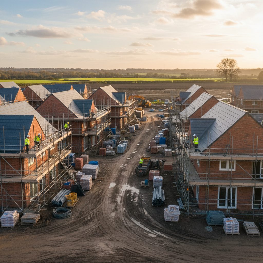 New build UK residential housing estate under construction with scaffolding on brick houses
