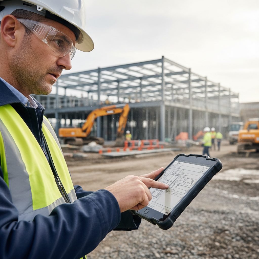 UK site manager in a hi-vis vest and hard hat reviewing documents on a tablet on an active construction site
