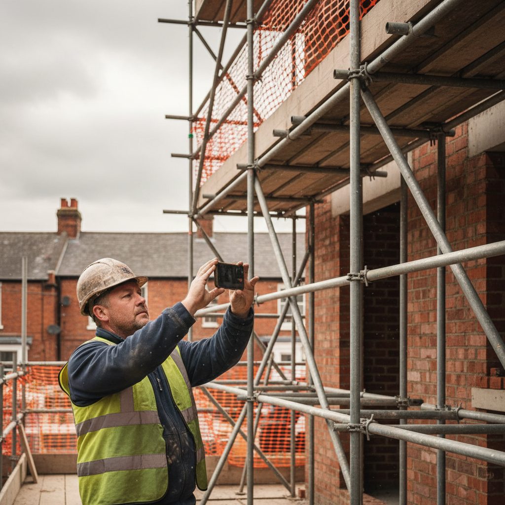 Construction foreman photographing site conditions on a smartphone for a safety inspection