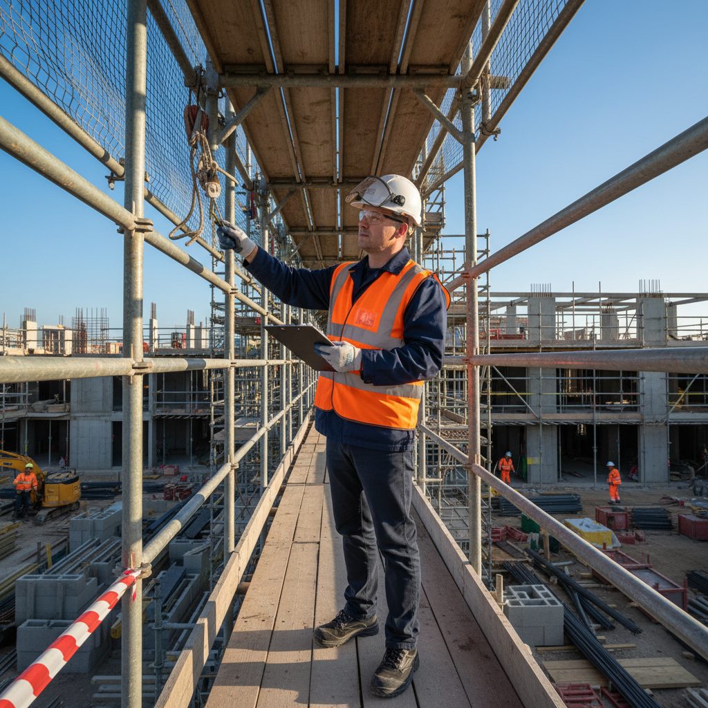 Health and safety officer in PPE inspecting scaffolding on an active construction site