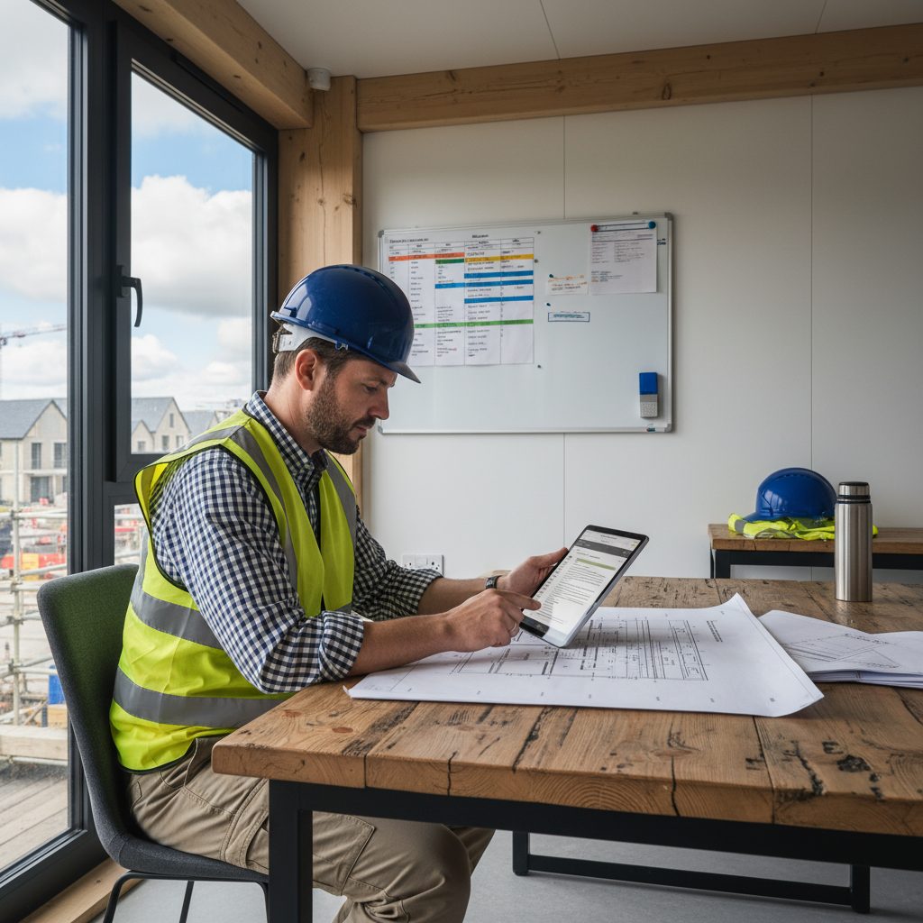 Project manager reviewing building regulation documents on a tablet in a modern site office