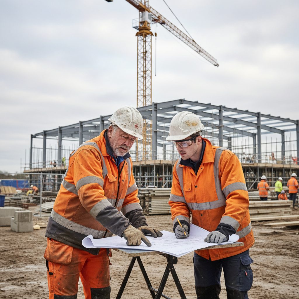 Experienced construction supervisor mentoring a younger apprentice on a building site