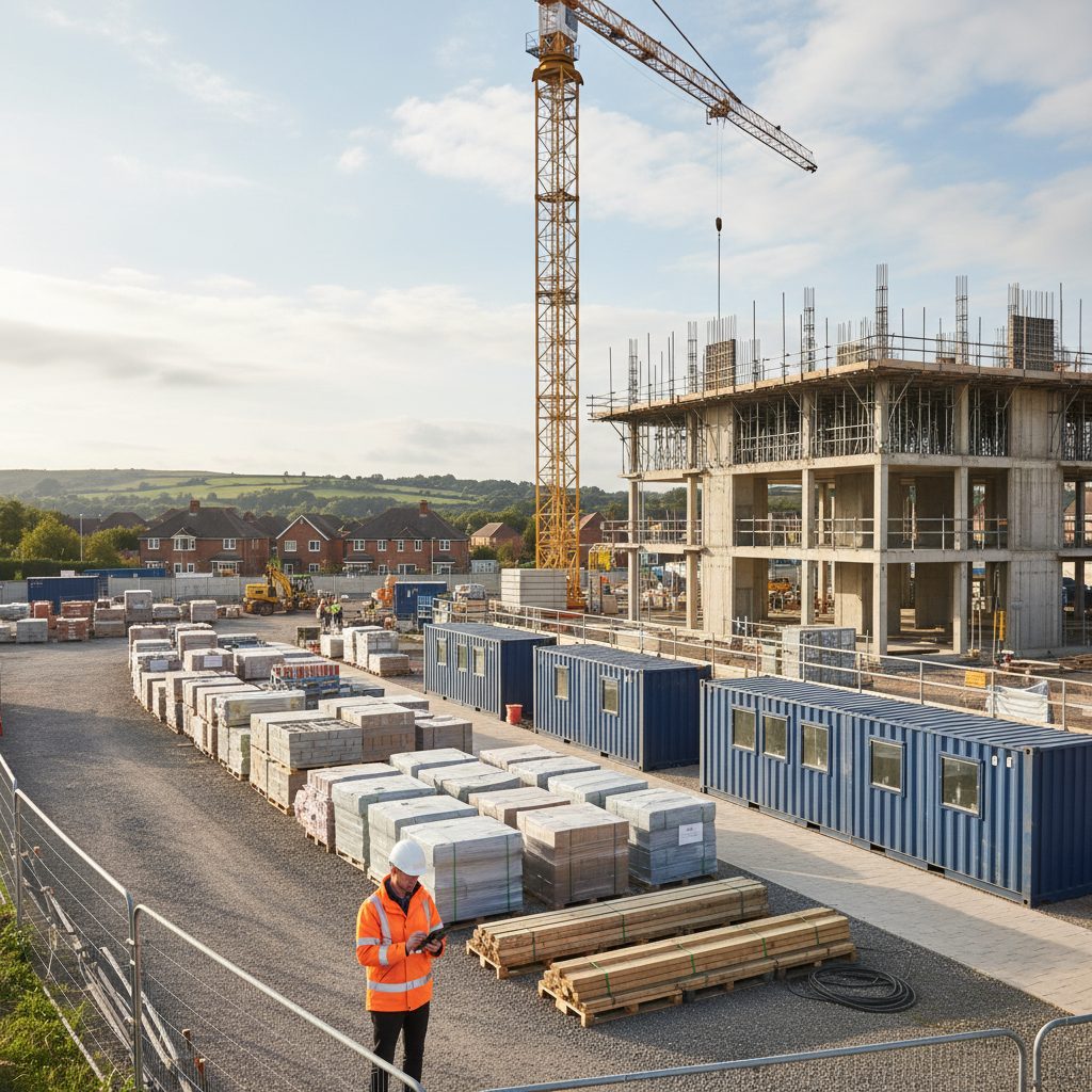 Well organised construction site with a worker using a phone instead of paperwork